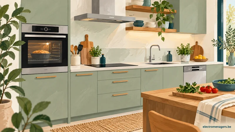 Illustration d’une cuisine avec four encastré, plaque de cuisson et lave-vaisselle.