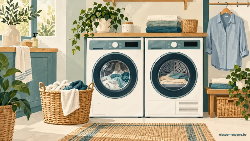Illustration d’un lave-linge, d’un sèche-linge et de paniers de linge.