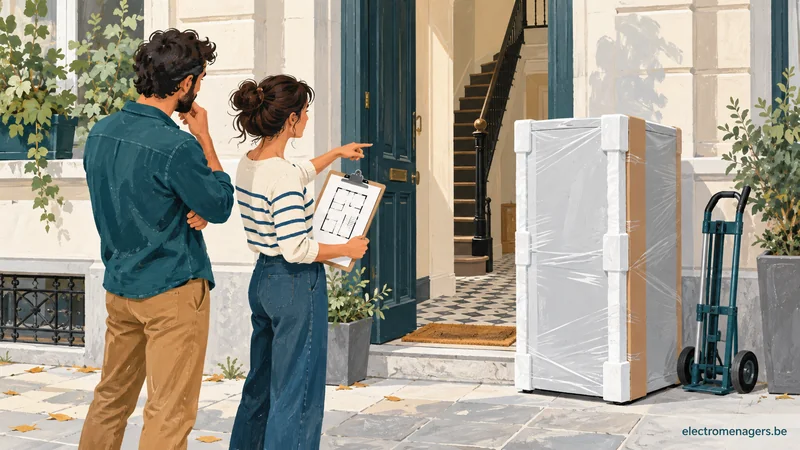 Illustration de deux adultes préparant l’accès pour une livraison d’électroménager.