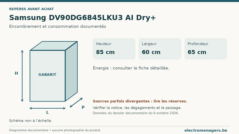 Schéma des dimensions documentées du Samsung DV90DG6845LKU3 AI Dry+ : hauteur, largeur et profondeur.