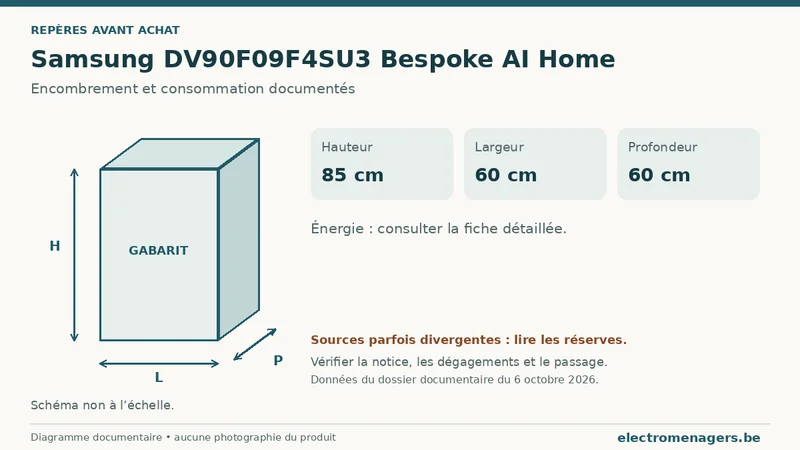 Schéma des dimensions documentées du Samsung DV90F09F4SU3 Bespoke AI Home : hauteur, largeur et profondeur.