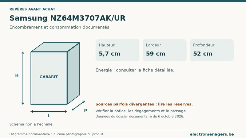Schéma des dimensions documentées du Samsung NZ64M3707AK/UR : hauteur, largeur et profondeur.