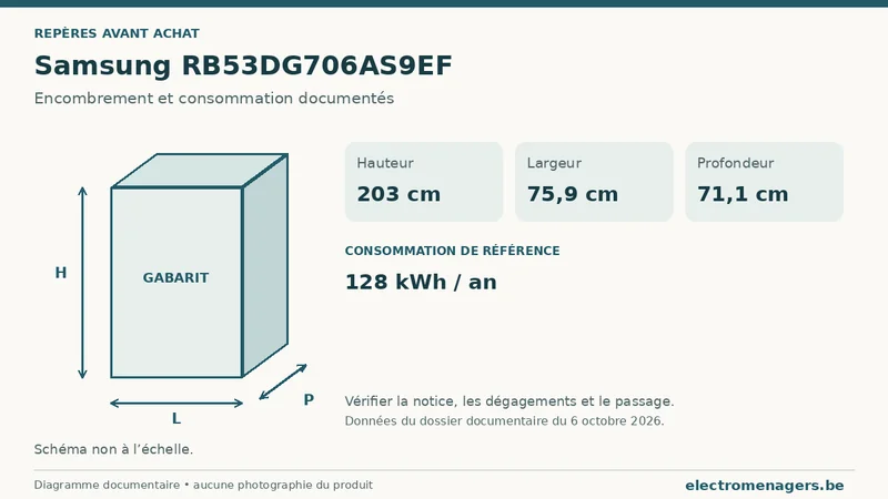 Schéma des dimensions documentées du Samsung RB53DG706AS9EF : hauteur, largeur et profondeur.