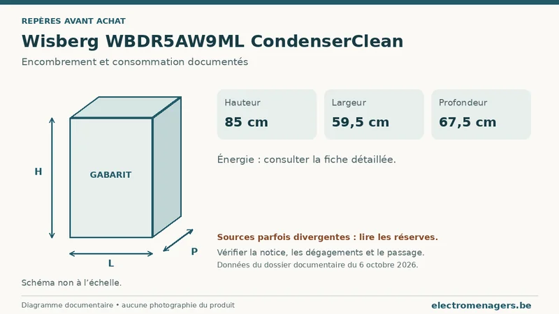 Schéma des dimensions documentées du Wisberg WBDR5AW9ML CondenserClean : hauteur, largeur et profondeur.